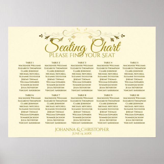 Gold & Cream Simple 10 Table Wedding Seating Chart (Front)