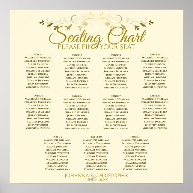 Gold & Cream Simple 11 Table Wedding Seating Chart (Front)