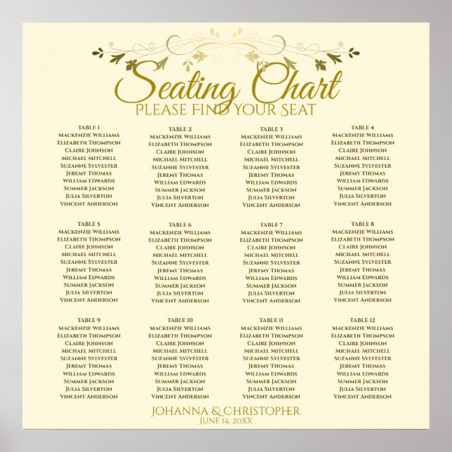 Gold & Cream Simple 12 Table Wedding Seating Chart (Front)