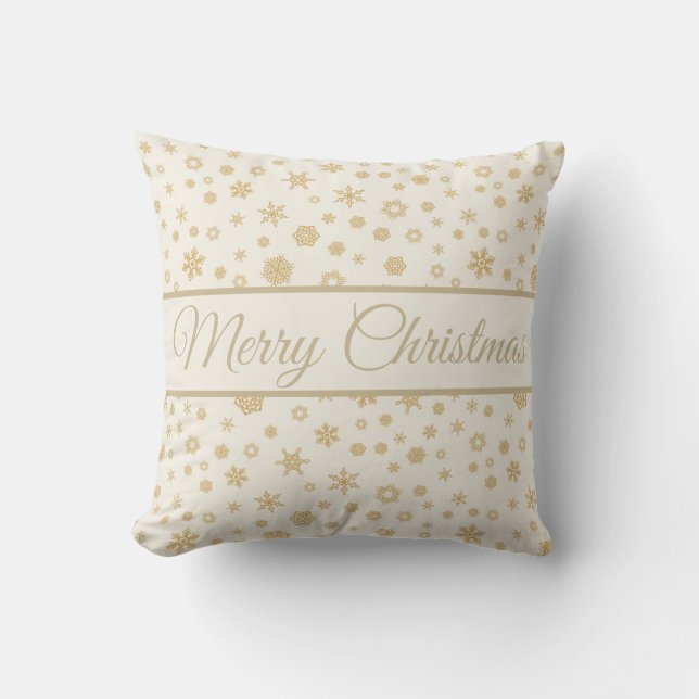 Gold Cream Snowflakes Merry Christmas Cushion (Front)