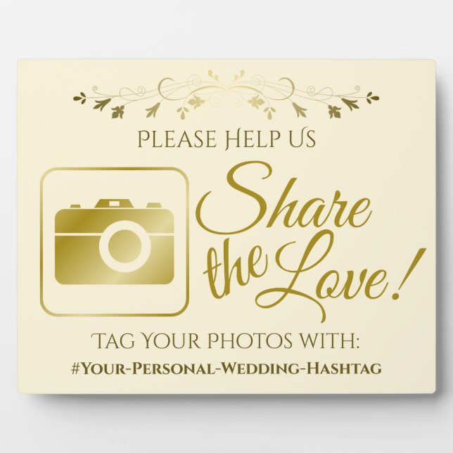 Gold & Cream Wedding Photo Share Hashtag Sign Plaque (Front)