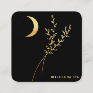 *~*  Gold Crescent Moon . Gold Foliage Leaves Square Business Card