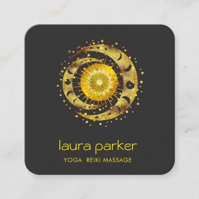 Gold Crescent Moon Mystic Lotus Eye Celestial Star Square Business Card (Front)