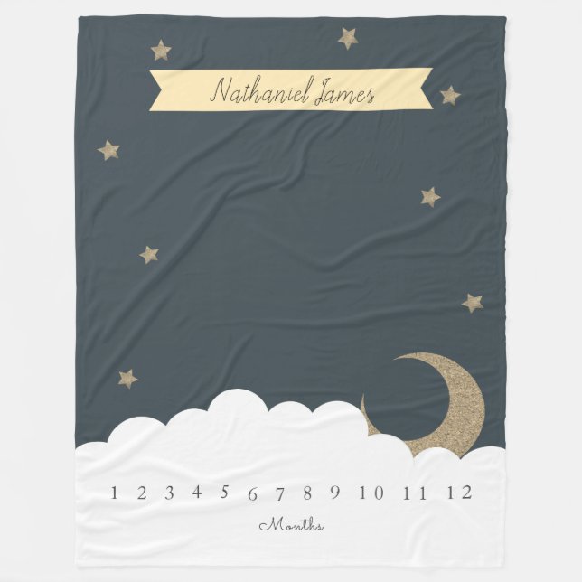 Gold Crescent Moon & Stars Navy Blue Milestone Boy Fleece Blanket (Front)