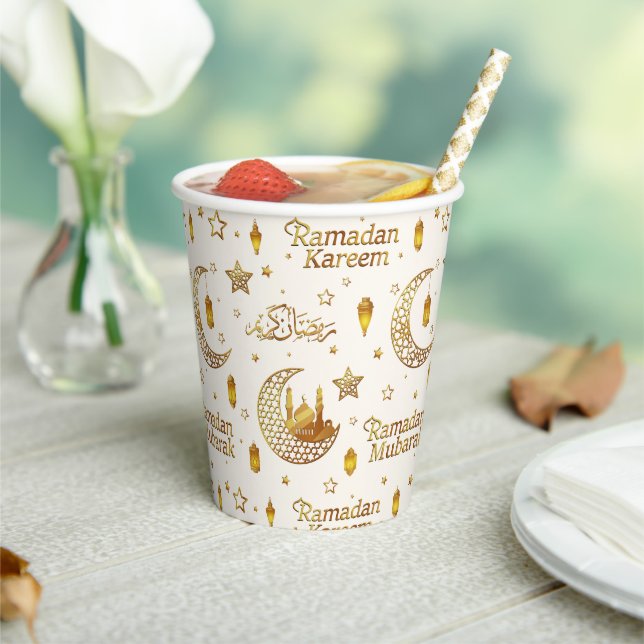 Gold Crescent Ramadan Calligraphy Iftar Party Paper Cups (Insitu)