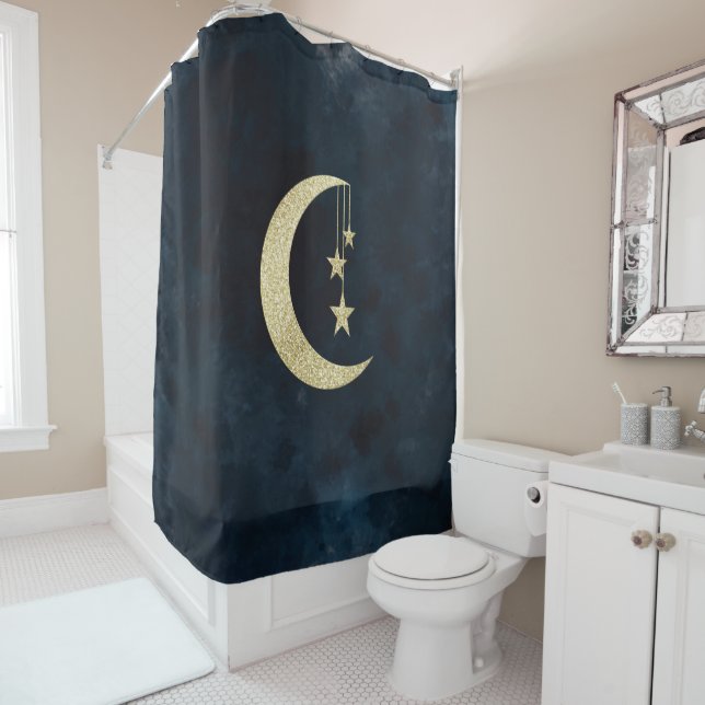 Gold Cresent Moon with Hanging Stars Shower Curtain (In Situ)