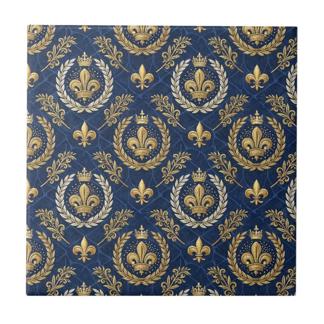 Gold Crest Blue Velvet Royal Damask Design Pattern Tile (Front)