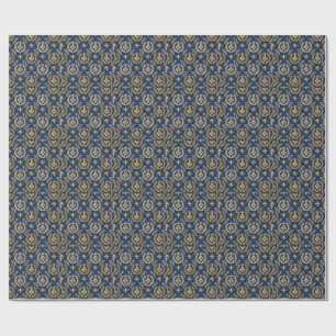 Gold Crest Blue Velvet Royal Damask Design Pattern Wrapping Paper