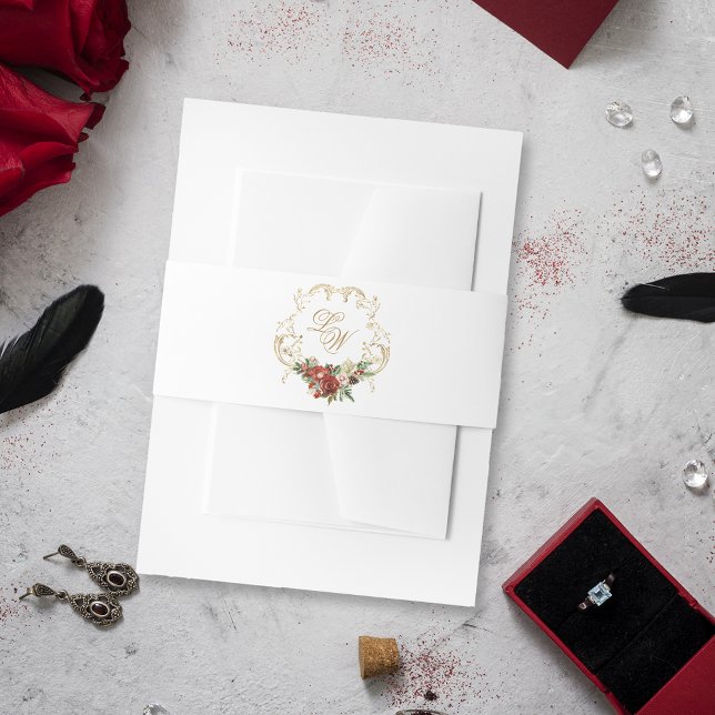 Gold Crest Christmas Floral Wedding Monogram Invitation Belly Band (Creator Uploaded)