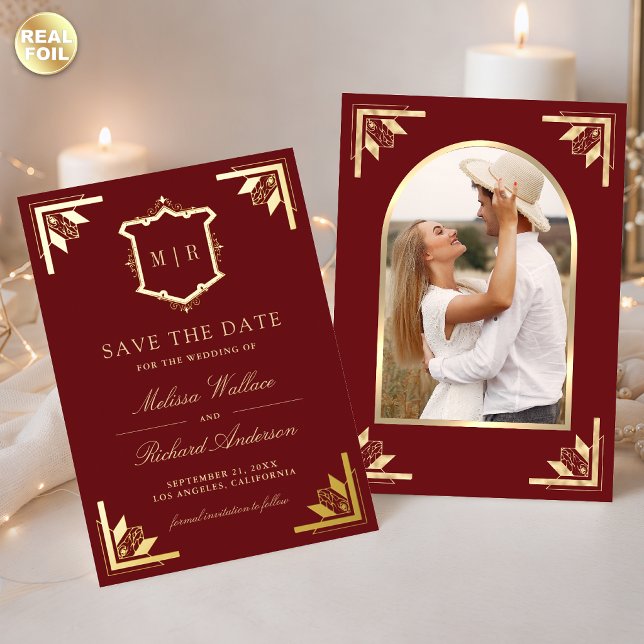 Gold Crest Maroon Red Wedding Save the Date (Creator Uploaded)