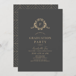Gold Crest Monogram Dark Grey Graduation Invitation