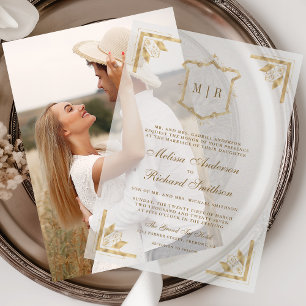 Gold Crest Monogram Ornate Frame Wedding Vellum Invitations