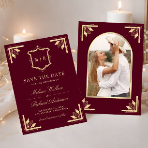 Gold Crest Monogram Photo Burgundy Wedding Save The Date