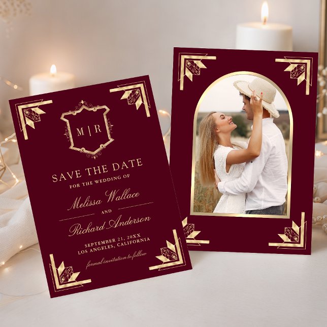 Gold Crest Monogram Photo Burgundy Wedding Save The Date (Creator Uploaded)