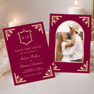 Gold Crest Monogram Photo Magenta Wedding Save The Date