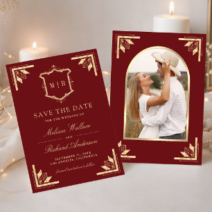 Gold Crest Monogram Photo Maroon Red Wedding Save The Date