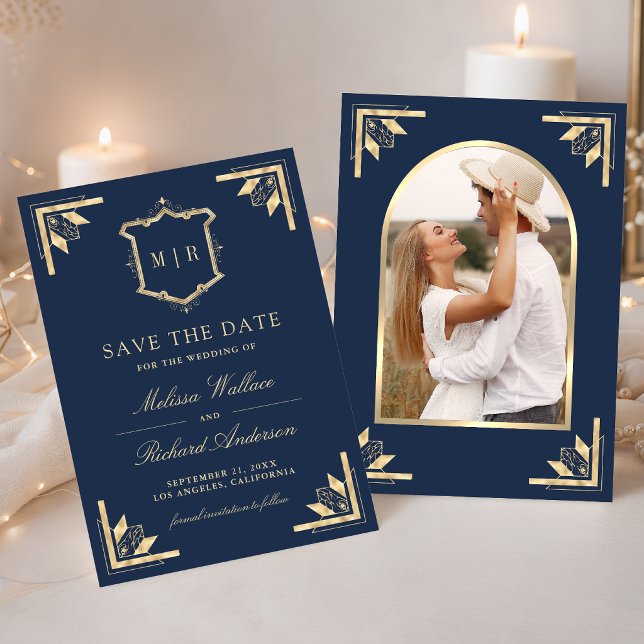 Gold Crest Monogram Photo Navy Blue Wedding Save The Date (Creator Uploaded)