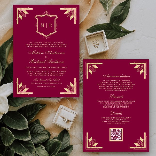Gold Crest Monogram QR Code Magenta Wedding Invitation (Creator Uploaded)