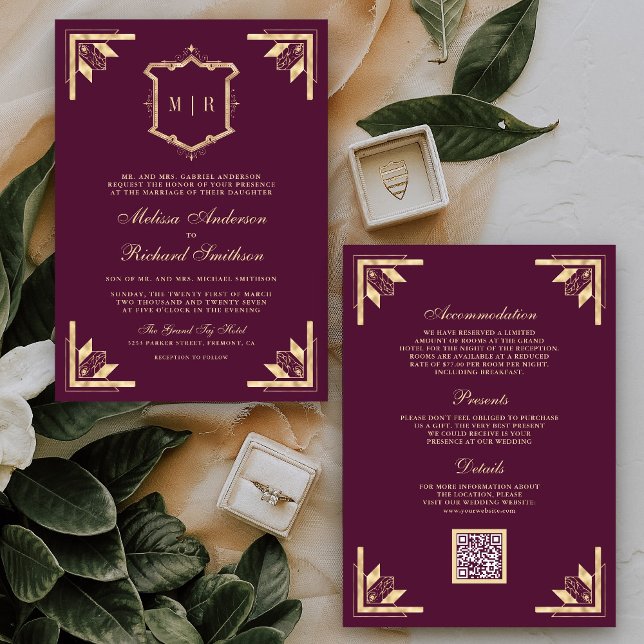 Gold Crest Monogram QR Code Plum Purple Wedding Invitation (Creator Uploaded)