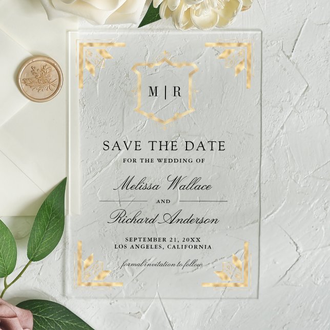 Gold Crest Monogram Wedding Save the Date Acrylic Invitations (Creator Uploaded)