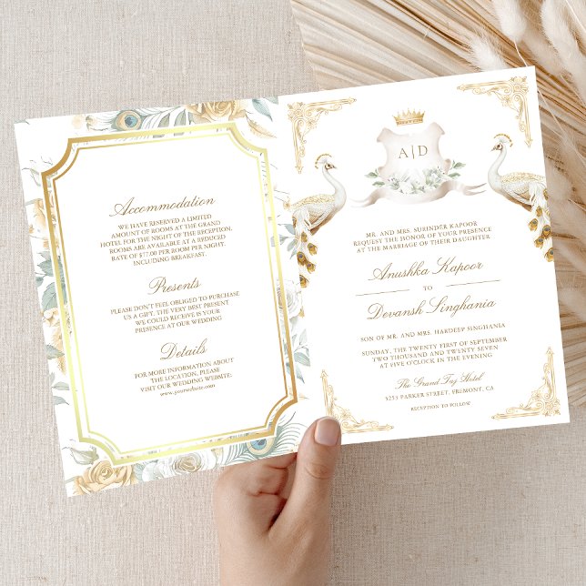 Gold Crest Royal Indian White Peacock Wedding Invitation (Creator Uploaded)
