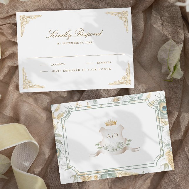 Gold Crest Royal Indian White Peacock Wedding RSVP Card (Creator Uploaded)