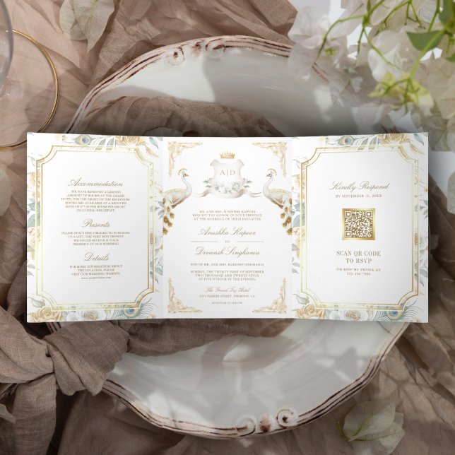 Gold Crest Royal Indian White Peacock Wedding Tri-Fold Invitation (Creator Uploaded)