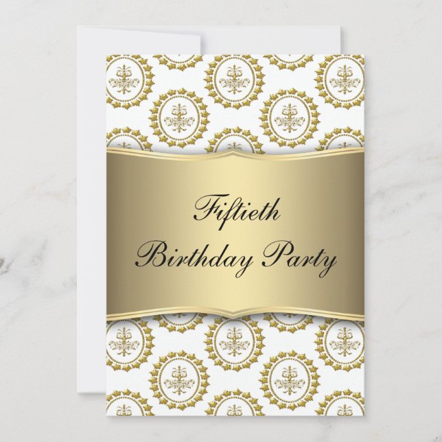 Gold Crest White Elegant 50th Birthday Invitation (Front)
