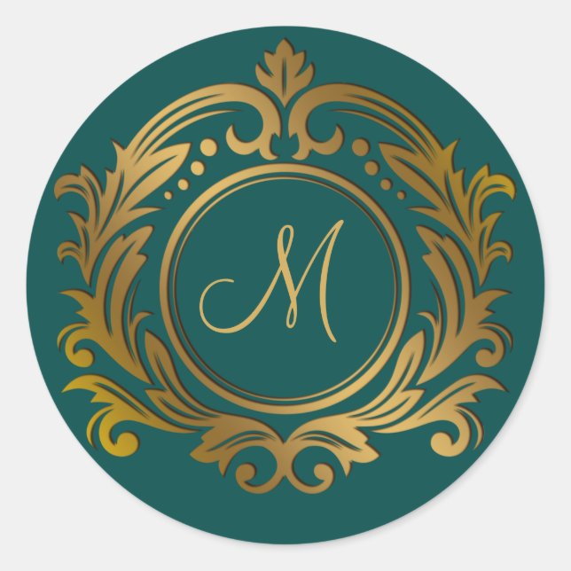Gold Crest with Monogram Initial on Green Classic  Round Sticker (Front)