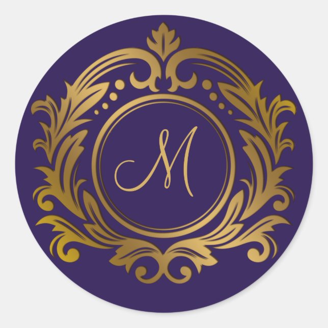Gold Crest with Monogram Initial on Purple Classic Round Sticker (Front)
