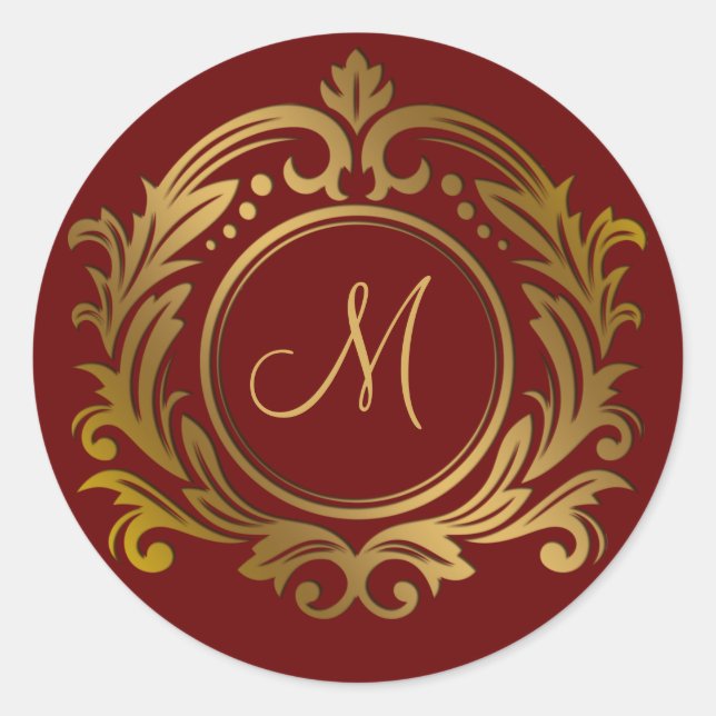 Gold Crest with Monogram Initial on Red Classic Round Sticker (Front)