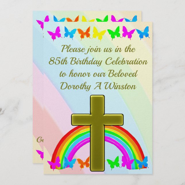 GOLD CROSS AND BUTTERFLY 85TH BIRTHDAY INVITATION (Front/Back)