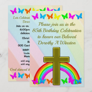 GOLD CROSS AND BUTTERFLY 85TH BIRTHDAY INVITATION