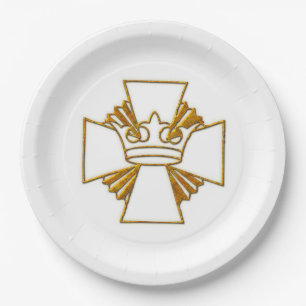 Gold Cross and Crown 3D Look Paper Plate