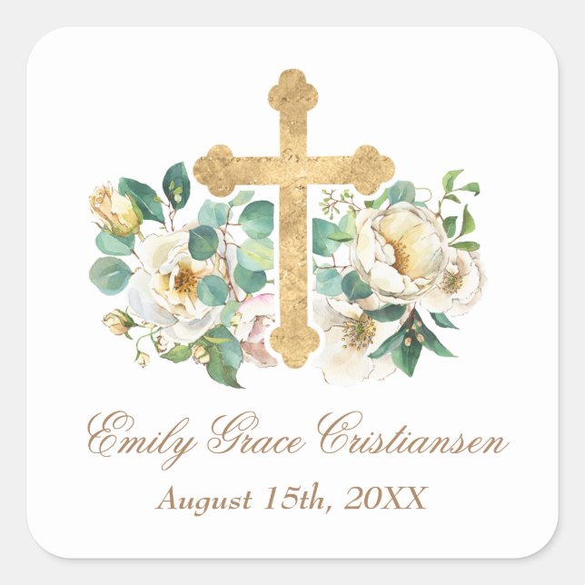 Gold Cross and Floral Baptism Square Sticker (Front)