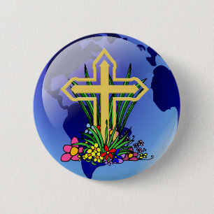 Gold Cross and Flowers 6 Cm Round Badge