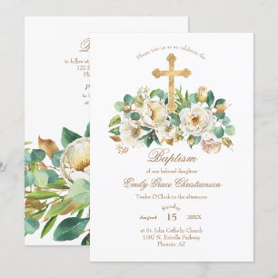 Gold Cross and Flowers Baptism Invitation
