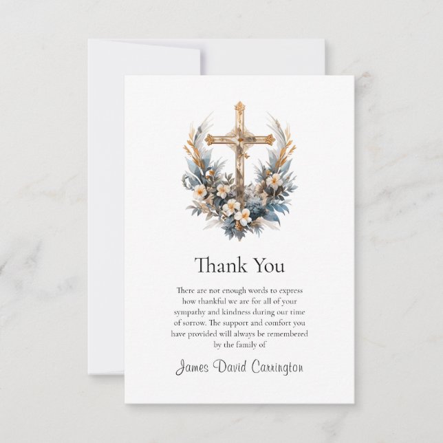 Gold Cross and Flowers Roman Catholic Funeral Thank You Card (Front)