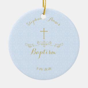 Gold Cross and Laurels in Light Blue Ceramic Tree Decoration
