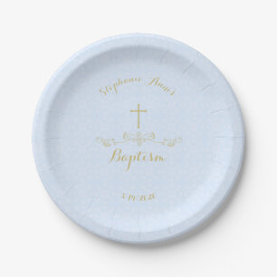 Gold Cross and Laurels in Light Blue Paper Plate
