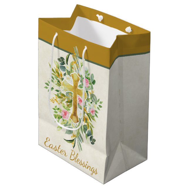 Gold cross and pink roses custom Easter  Medium Gift Bag (Front Angled)