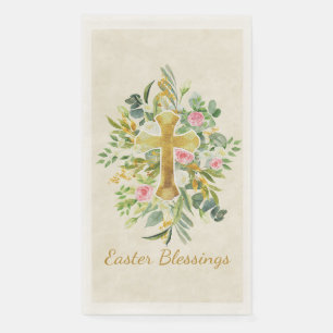 Gold cross and pink roses custom Easter  Napkin