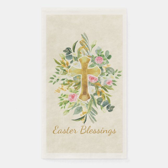 Gold cross and pink roses custom Easter  Napkin (Front)