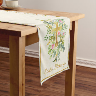 Gold cross and pink roses custom Easter  Short Table Runner
