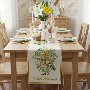 Gold cross and pink roses custom Easter  Short Table Runner