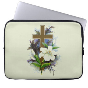Gold Cross And White Flower Laptop Sleeve