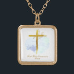 *~ Gold Cross AP35 Communion Christian Blue Gold Plated Necklace<br><div class="desc">(( search id AP35 and AP40 for similar designs )) SIMPLE MINIMAL Design. BLUE watercolor and GOLD BOTANICAL leaves on cross / crucifix/ SQUARE SHAPE The background is WHITE with a light watercolor stain of BLUE. The text font is fancy , elegant and sophisticated calligraphy script. The design is very...</div>