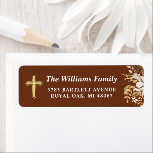 Gold Cross Autumn Floral Wreath Return Address