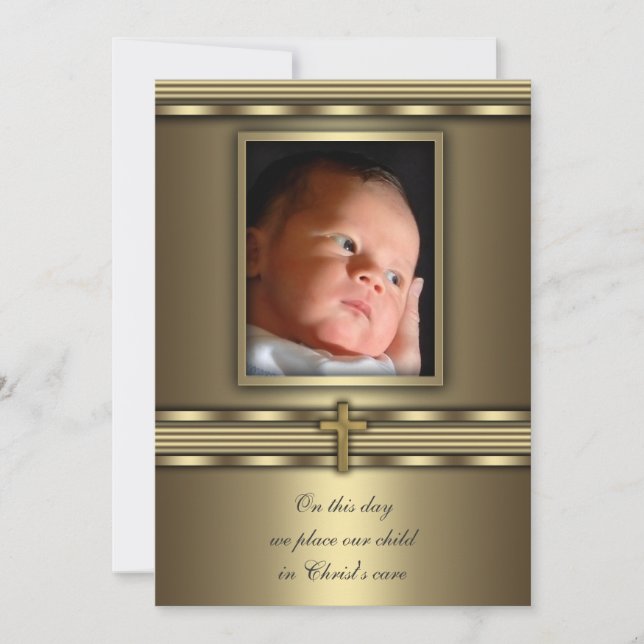Gold Cross Baby Boy Photo Baptism Christening Invitation (Front)