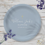 Gold Cross Baptism Christening Dusty Blue Paper Plate<br><div class="desc">Featuring an elegant script signature name. Personalise with your special baptism or christening information in chic lettering on a dusty blue background.  Designed by Thisisnotme©</div>